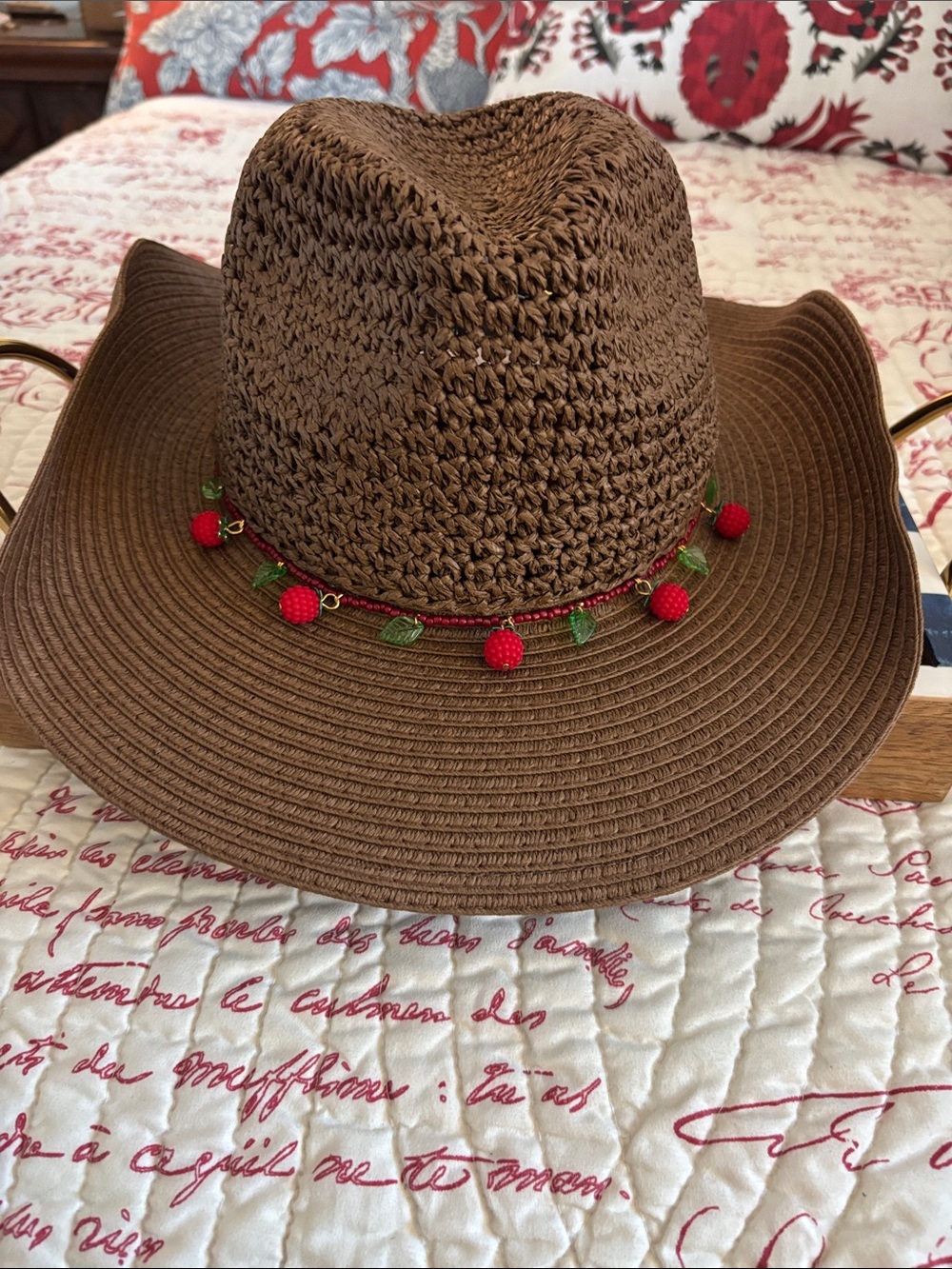 WNWT BCBG GENERATION Brown Straw Cowboy Hat with Red Berry Trim